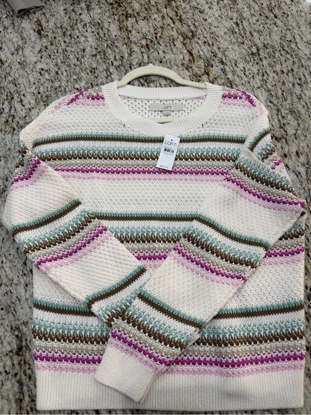 LOFT Cream Sweater with Pink, Teal & Brown Stripes